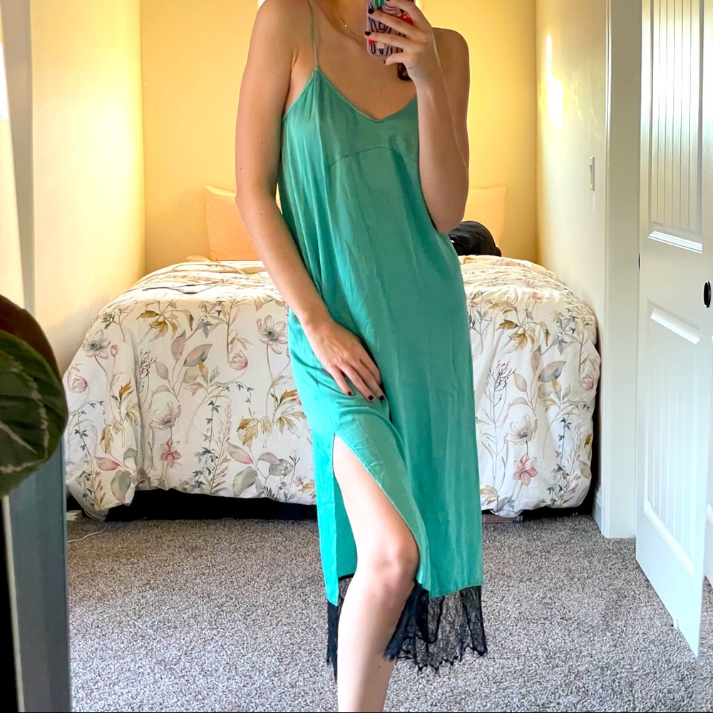 NWT Teal slip dress with black lace trim